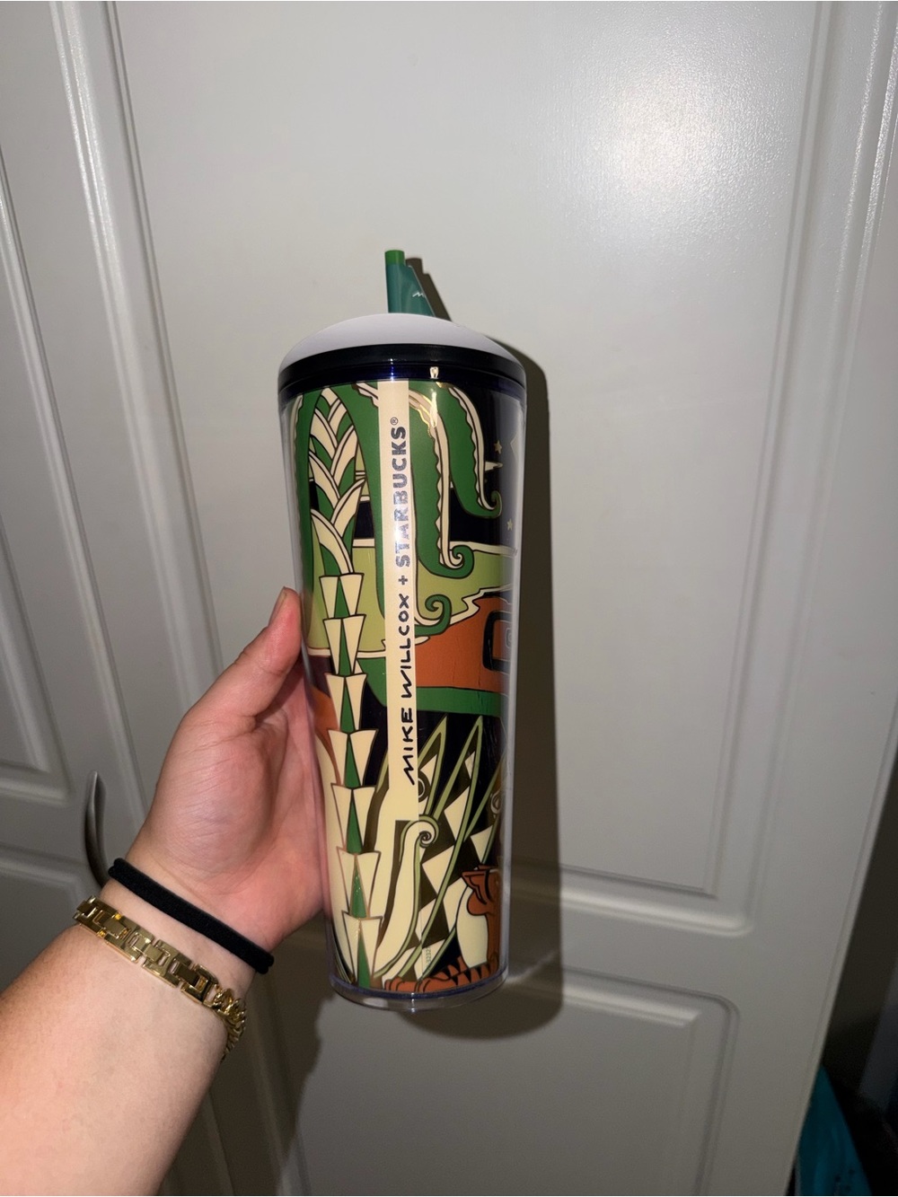Starbucks Tall Green Black Cream Art Tumbler with Straw